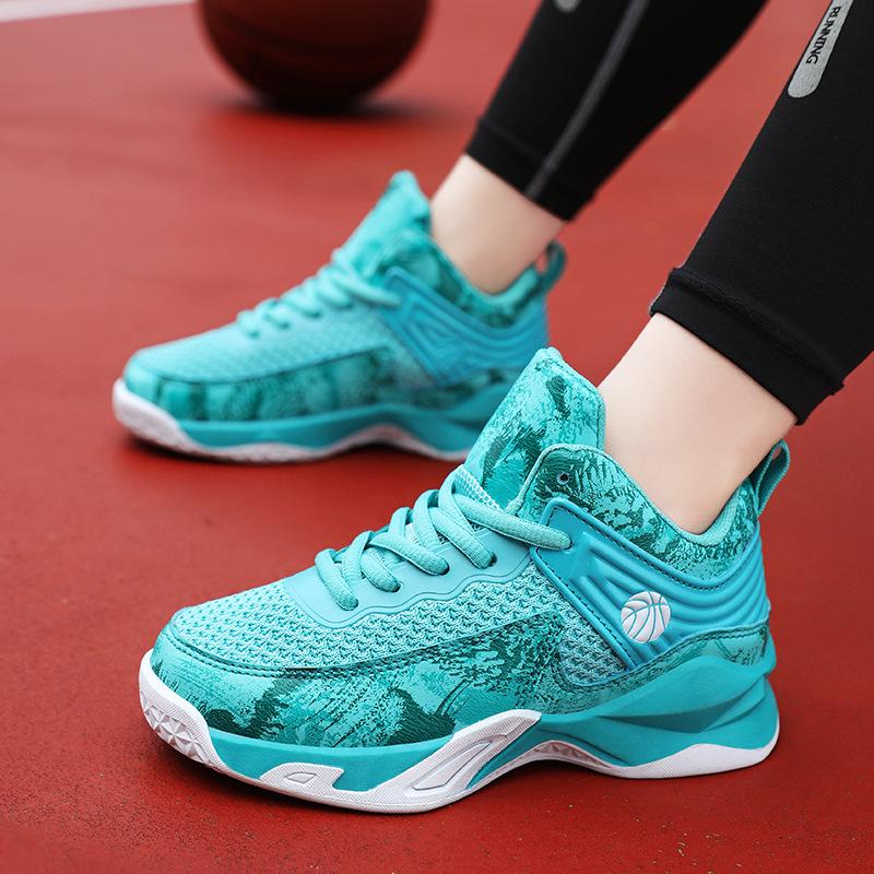 Four Seasons Spring and Autumn New Boys Basketball Shoes Flying Weaving Mesh Breathable Middle Help Boys Basketball Sneakers Jinjiang Shoes