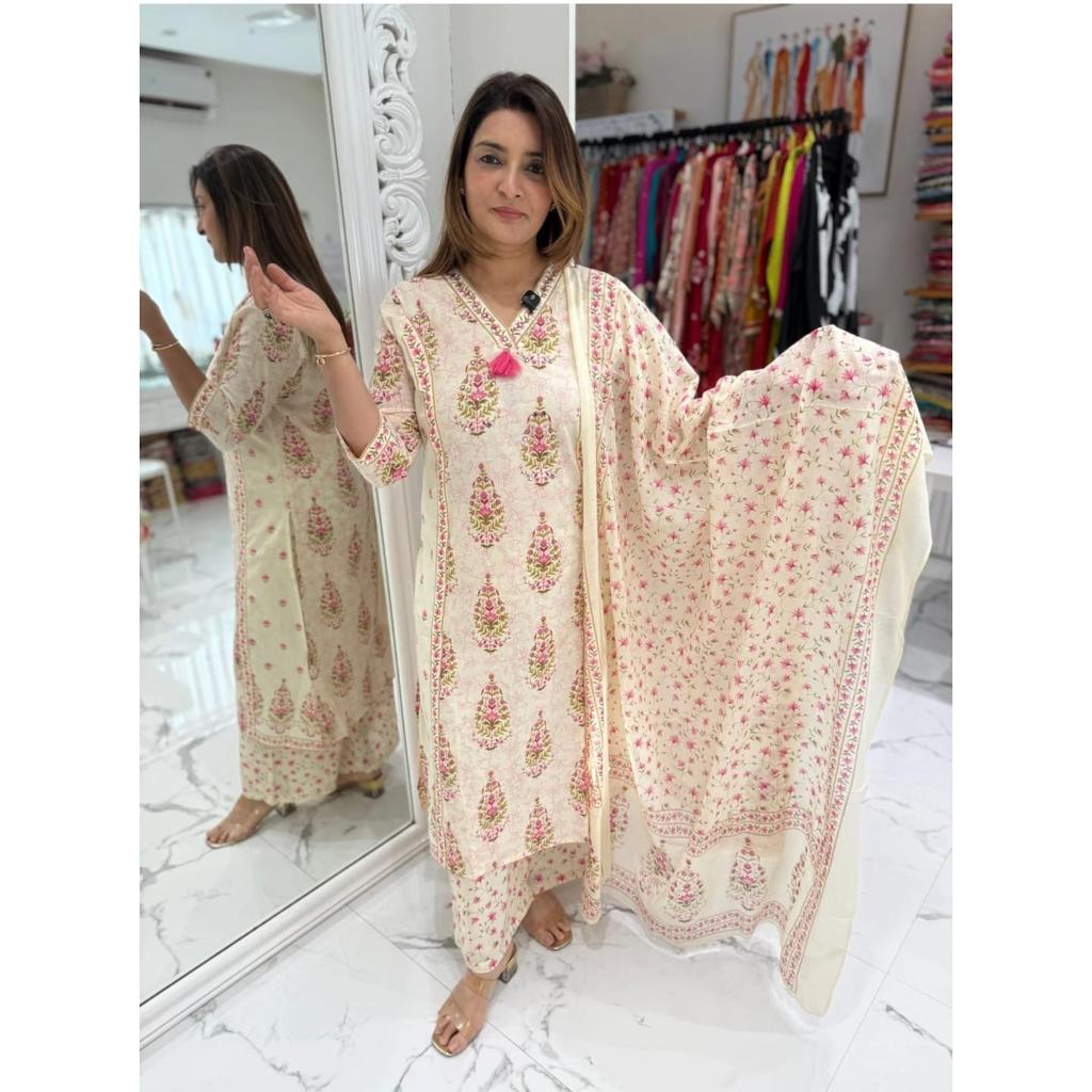Hand Block Printed Pure Cotton Salwar Suit Indian Women's Kurti Pant Dupatta Set