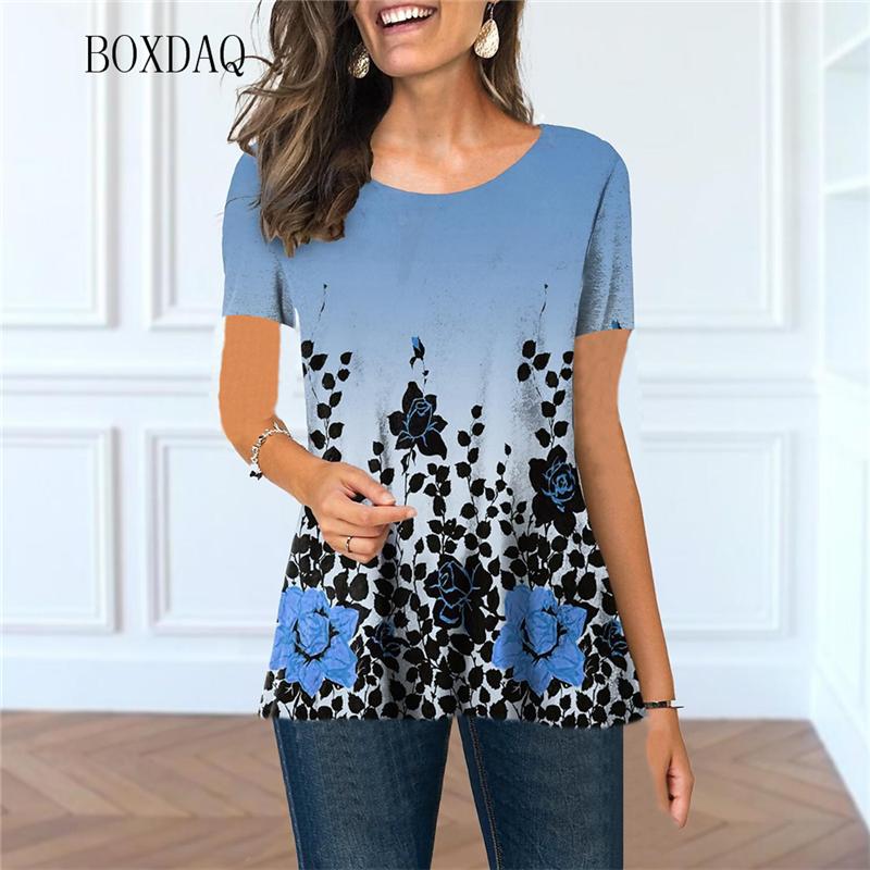 3D Floral Printed Women Casual T-shirts Short Sleeve Summer Street Gradient Ladies T Shirt Flower Graphic Round-Neck Female Tops