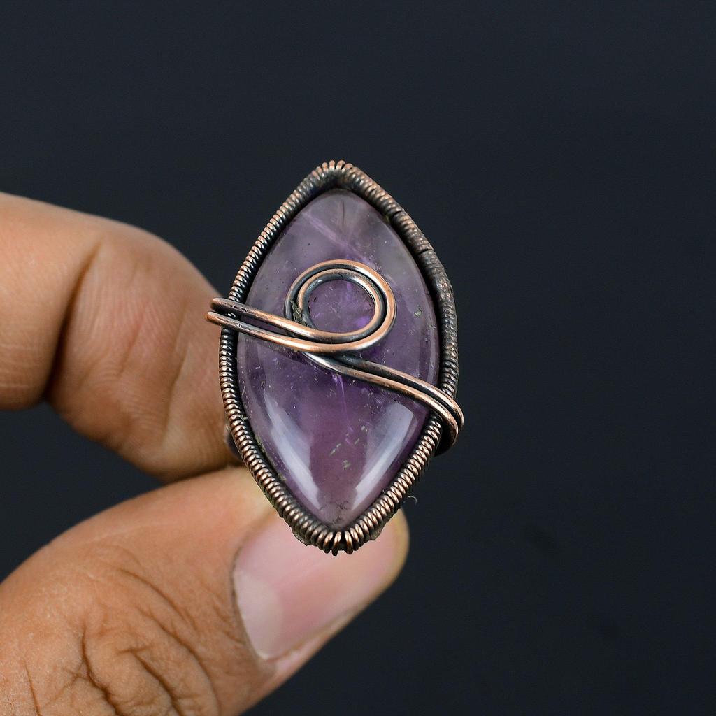 Amethyst Gemstone Copper Wire Wrapped Handmade Jewelry Ring For Her All Size