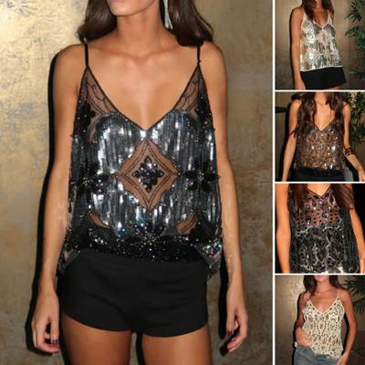 Women Summer Vest V-Neck Sleeveless Mesh Glitter Backless Sequin Lace Tops Loose Fit Beaded Sling Shirt