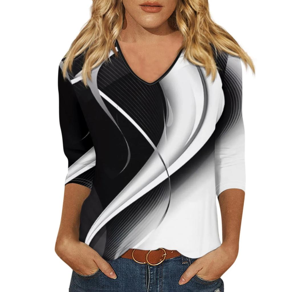 Shirt For Women'S Fashion Casual V Neck 3/4 Sleeve Loose Printed T-Shirt Ladies Top New Fashionable And Simple Women‘S 2024