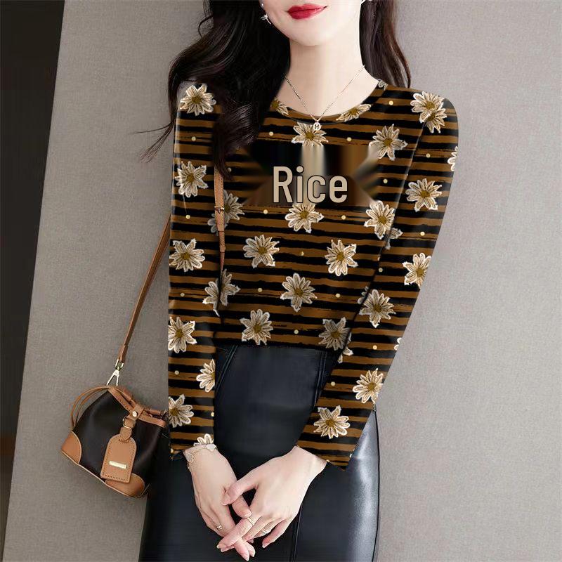 

Women s Autumn & Winter Long Sleeve Milk Silk Stripe Top – Thin Round Neck Base Layer for Middle-Aged & Elderly Moms M