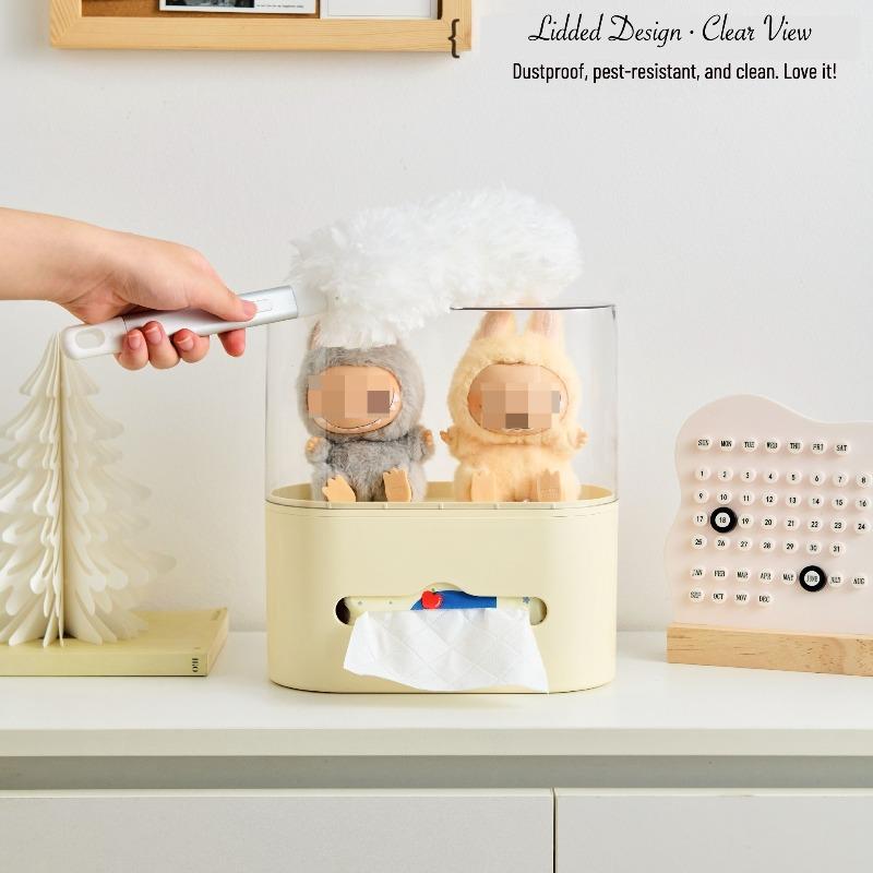 Novelty Tissue Box Organizer with Figurine Display Acrylic Transparent Storage Box for Labubu Tissue Dispenser for Desk Decor