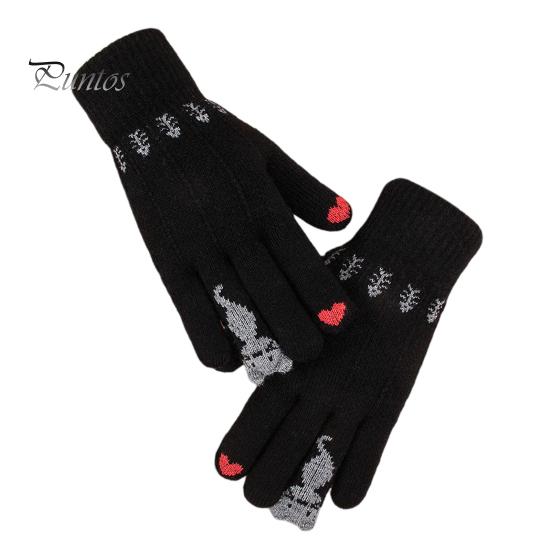 1 пара женских зимних перчаток из жаккарда, утолщенные, вязаные, с пятью пальцами, с сенсорным экраном, с рисунком мультяшного кота, противоскользящие, для холодной погоды, для вождения, гольфа, катания на лыжах чёрный