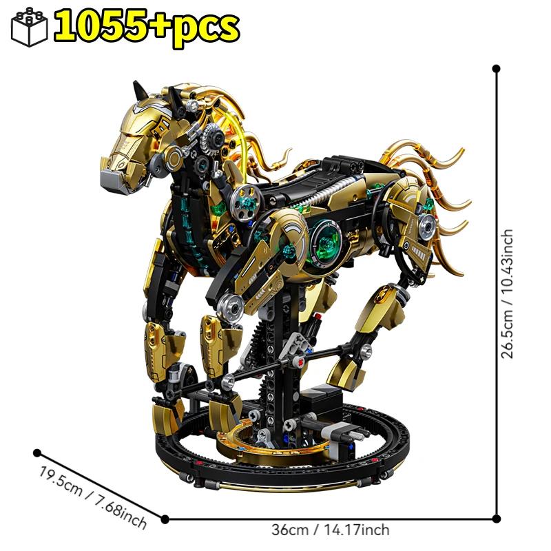1055PCS Golden Machinery Horse Building Blocks Movable Joint Animal Models Bricks Set With Light Kid DIY Toys Holiday Gifts
