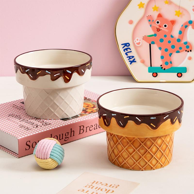 Creative Ceramic Drinking Water Food Bowls Anti Overturning Neck Protection Flat Mouth Ice Cream Pattern Cat Bowl, Supplies, 1Pc