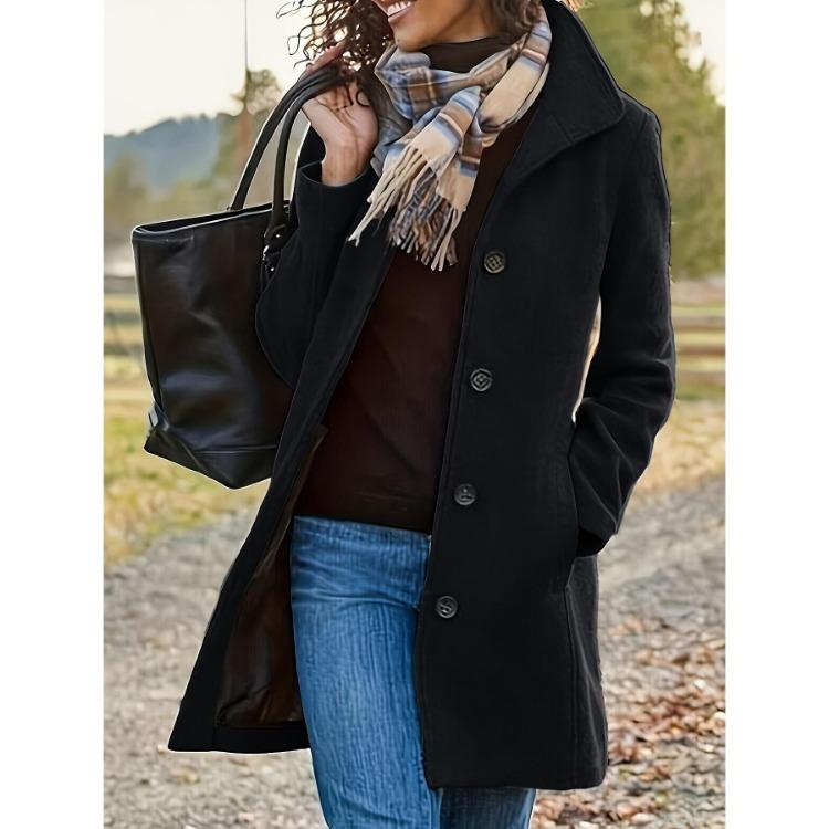 

Autumn Winter Warm Coat Women Solid Colour Long Sleeve Single Breasted Chic Outerwear Fashion Blend Clothing S чёрный