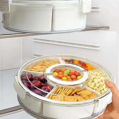 Tragbare transparente 6-Fächer-Snackschale mit drehbarer Basis, auslaufsicherem Deckel und Griff, ideal für Picknicks, Partys, Wohnmobile und den Heimgebrauch.
