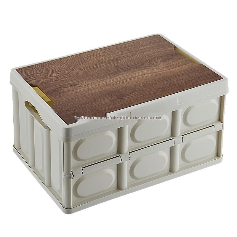 Skládací úložný box do kufru auta s dřevěným víkem - Přenosný organizér na kempování a piknik