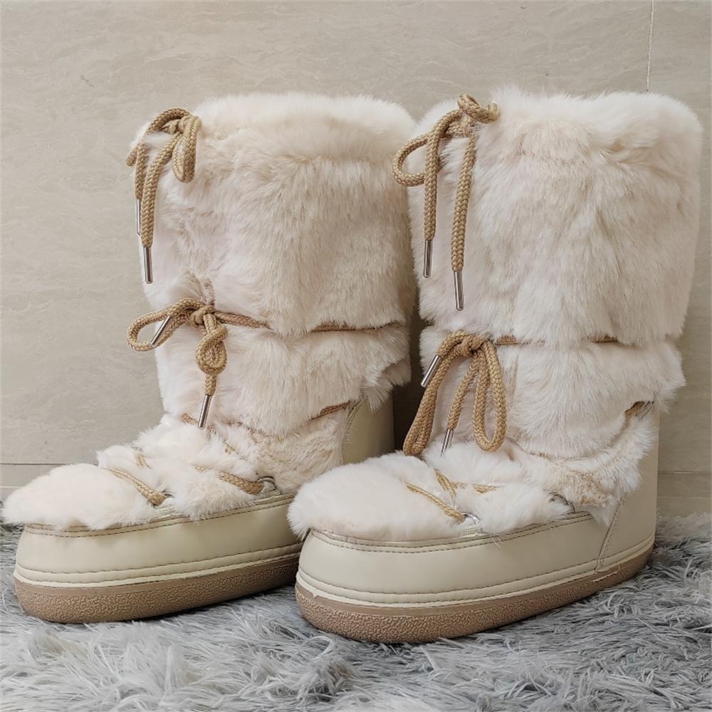 Faux Fur Boots for Women Warm Comfortable Woman Ski Boots  Winter Middle Claf Lace-up Waterproof Platform Snow Boots Black