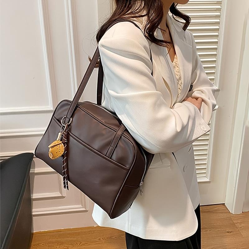 Fashionable Women's Bag, Leather Simple and Versatile Shoulder Bag, Zipper Closure, Large Capacity College Style Armpit Bags