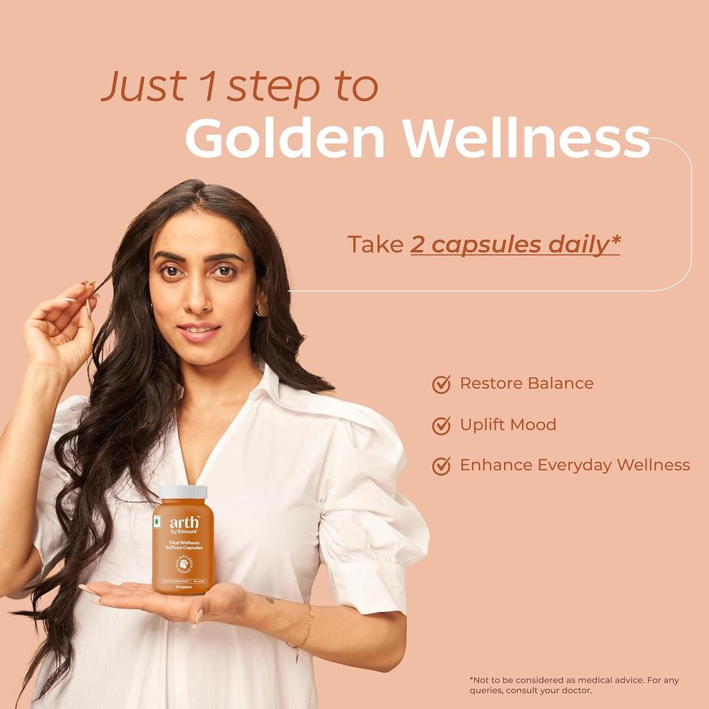 Arth Vital Wellness Saffron Capsules 30 Count For Skin Glow Sleep Support Mood Balance Digestion Eye Care Daily