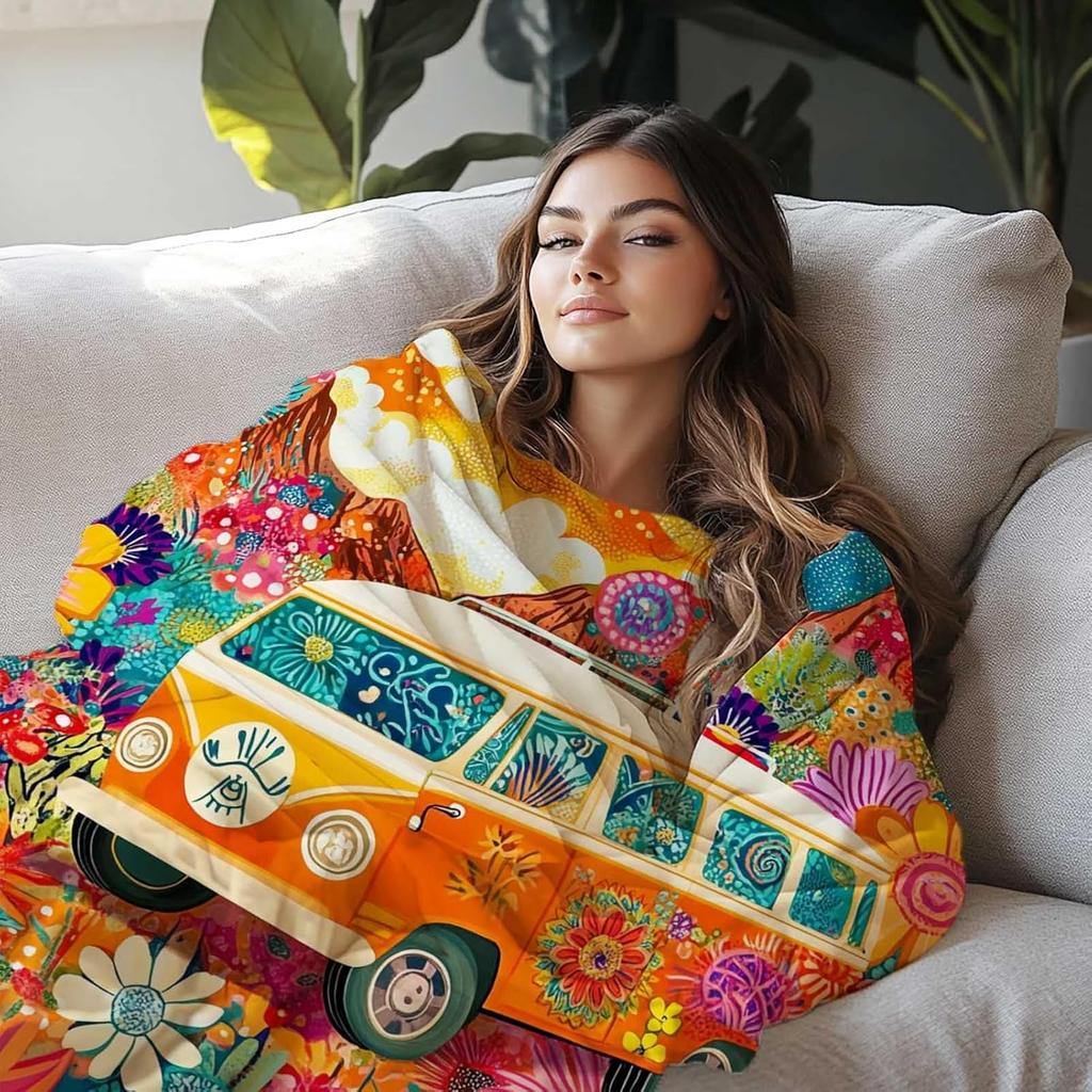 Boho Hippie Bus Bloemendeken, 1960s Psychedelische Festival Kunst Plaid Kleurrijk Gezellig Zacht Warm Deken voor Bank Bed Sofa