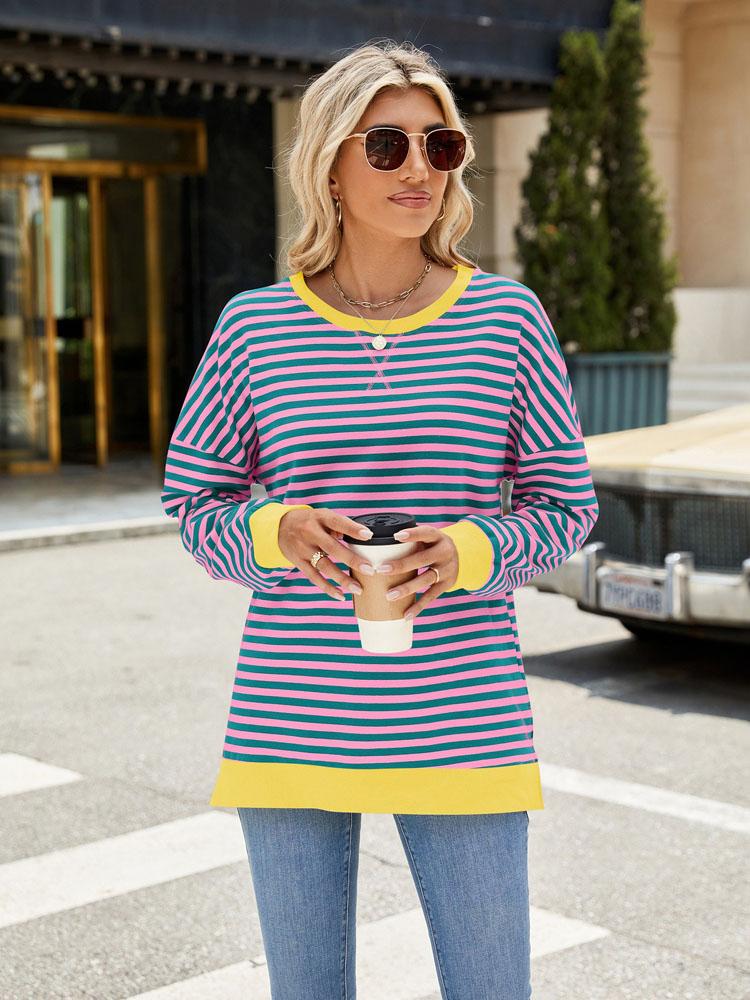 Elegant and Fashionable Autumn and Winter Comfortable Round Neck Striped Splicing Open Loose Long-sleeved Sweater Jacket Pullover Shirt Hoodies