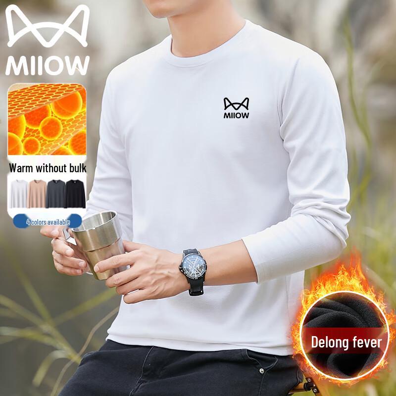 Mao Ren Men's Fleece-Lined Warm Loose Fit Round Neck Long Sleeve T-Shirt