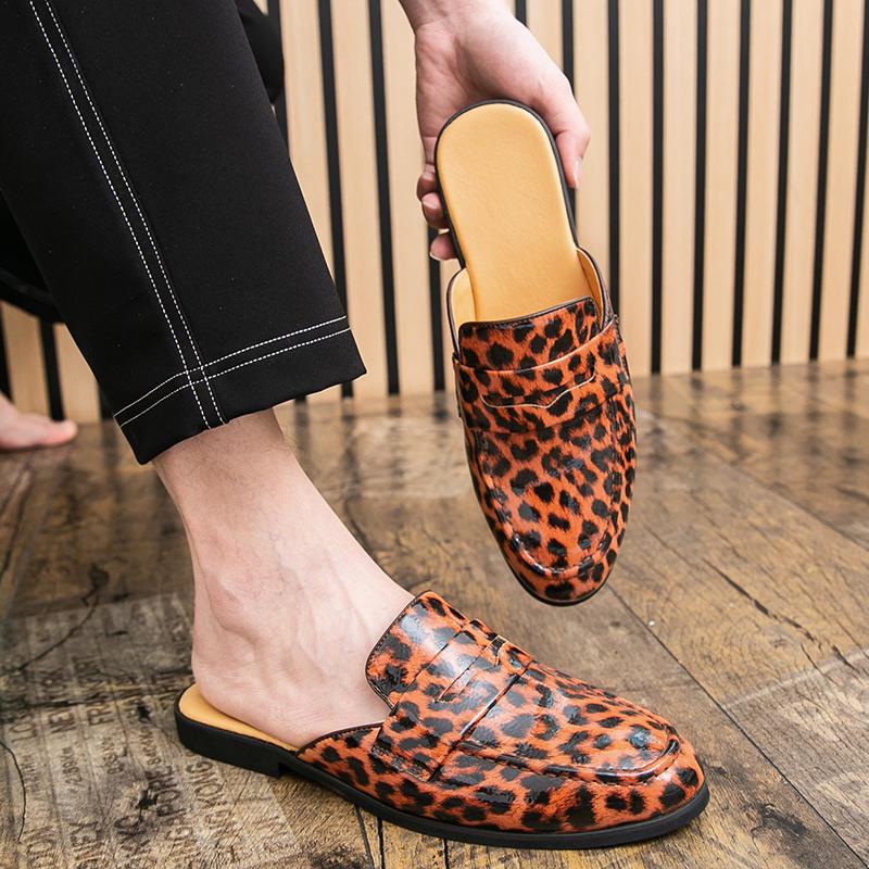 Men's Slippers Mule Loafers Leopard Print Leather Clogs Summer Dress Sandals Casual Backless Half-drag Shoes Plus Size