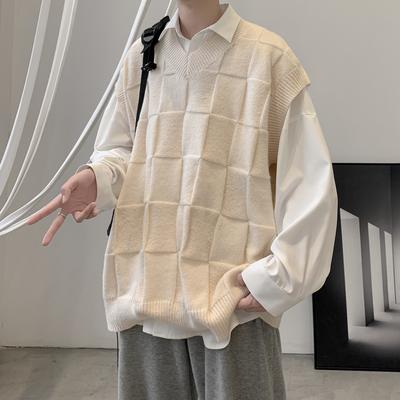 Sweater Vest Men's Plaid V-neck Design Couple's Waistcoat Loose Versatile Bottoming Sleeveless Sweater Trendy