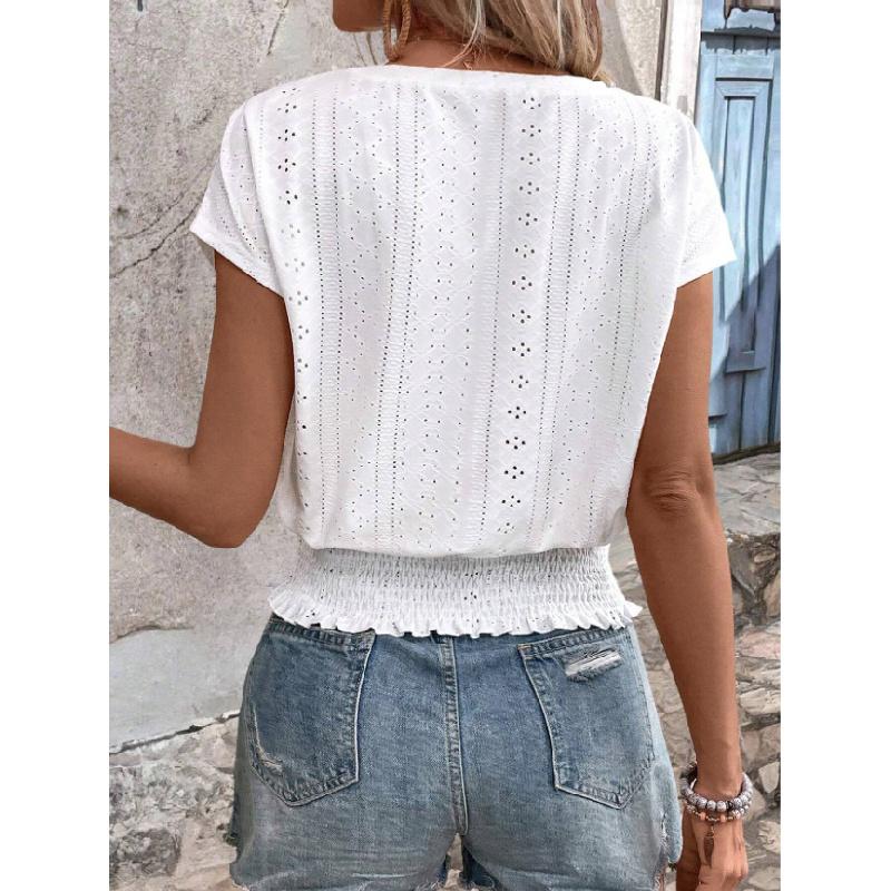 2026 Spring/Summer Jacquard Solid Color Round Neck Ruched Hollow Batwing Short Sleeve Women's T-Shirt for Commuting