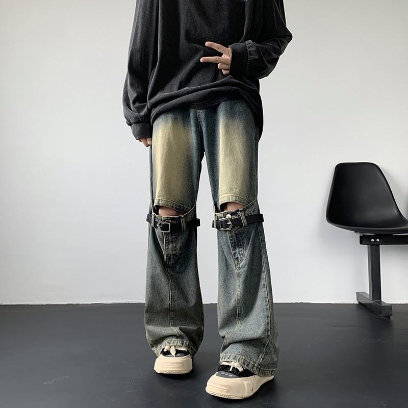 Mens Vintage Washed Denim Pants Loose Fit Hip Hop Streetwear Jeans