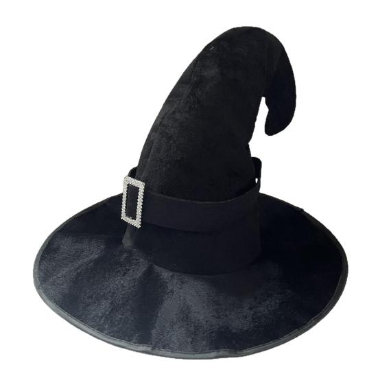 Velvet Witch Hat with Mysterious Button Design Wide Brim Solid