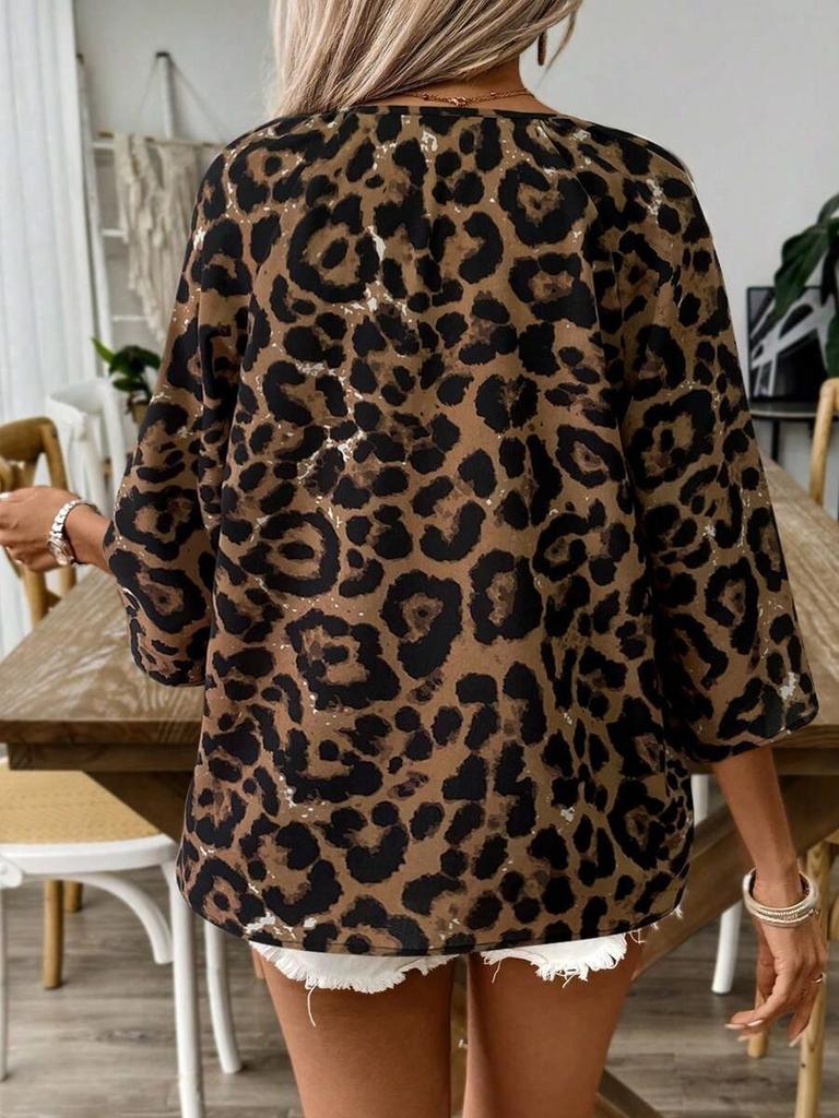 Spring Summer Women's Elegant Commute Top Beige Leopard Print V-Neck Ruffled 7/8 Sleeve Shirt