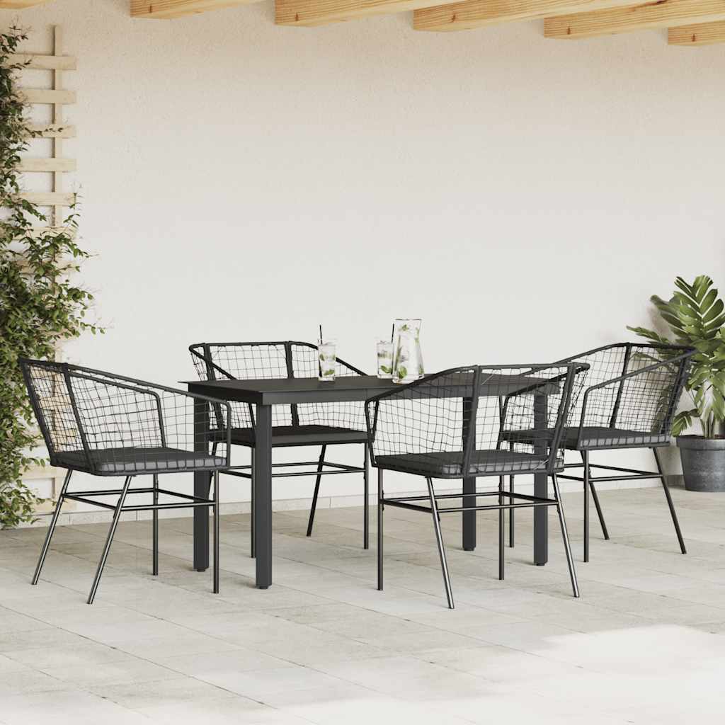 5 Piece Outdoor Dining Set with Cushions Black Poly Rattan Glass Table