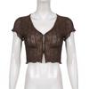 Women Retro Perspective V-neck Hollowed Cardigan T-shirt Tops Fashion Agaric Edge Short  Bare Navel Top