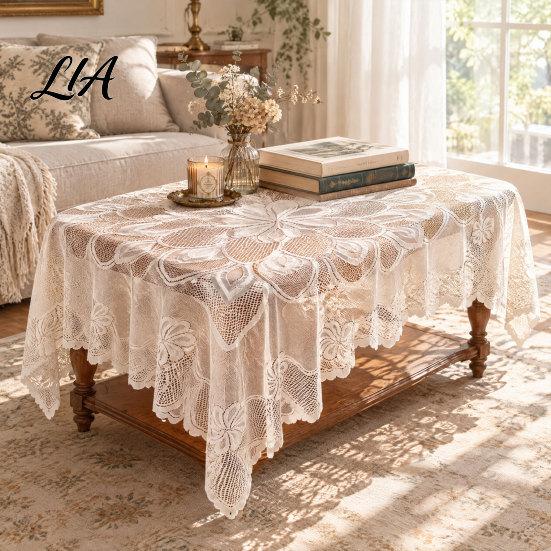 Vintage Lace Tablecloth White Floral Tablecloth, Rustic Boho Table Cover, Foldable Dining Cloth for Wedding Bridal Shower Party Decoration Decorative