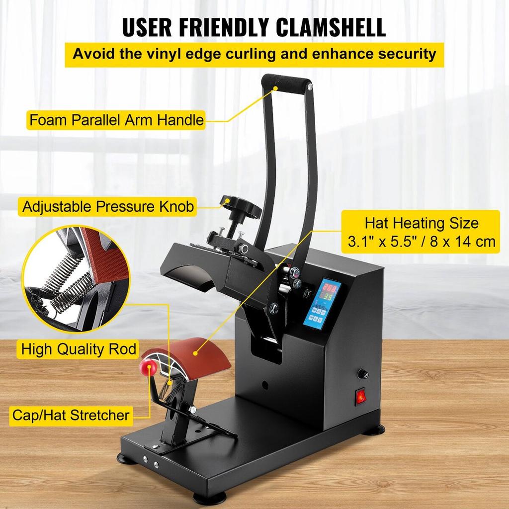 Hat Heat Press 5.5 x 3.5 inch Heat Press Machine 600W Professional Hat Heat Press Machine for Hats Caps Transfer Press Heat with 12000 Hours Life