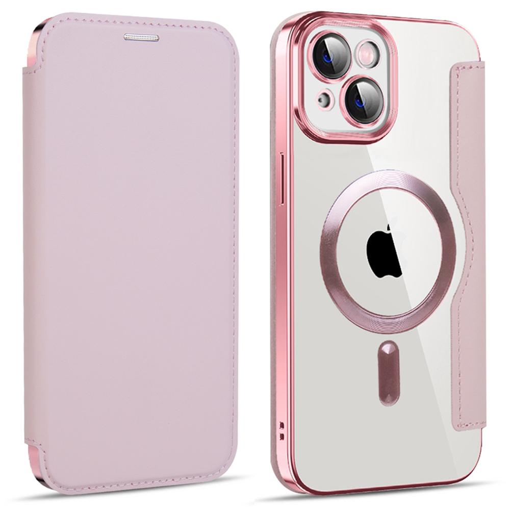 

Для iPhone 13 6,1 дюйма, блокировка RFID, слоты для карт, совместим с MagSafe, ПУ кожа+ТПУ, гальваническое покрытие, прозрачная задняя крышка, откидной чехол с защитной пленкой для объектива Pink