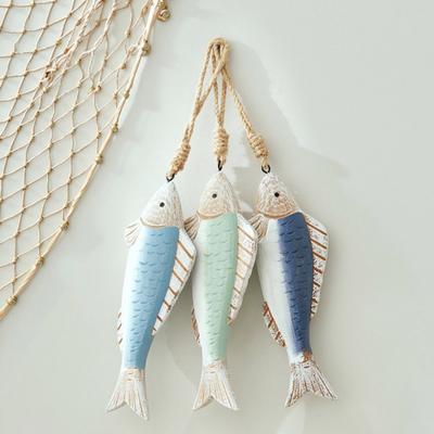 Mediterranean Vintage Wooden Fish Decoration Farmhouse Rustic Nautical Home Restaurant Wall Art Fish String Hanging Ornament Pendant