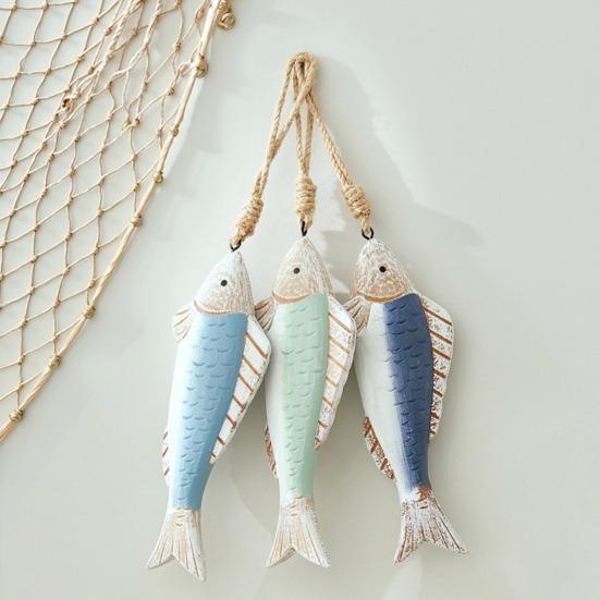 Mediterranean Vintage Wooden Fish Decoration Farmhouse Rustic Nautical Home Restaurant Wall Art Fish String Hanging Ornament Pendant