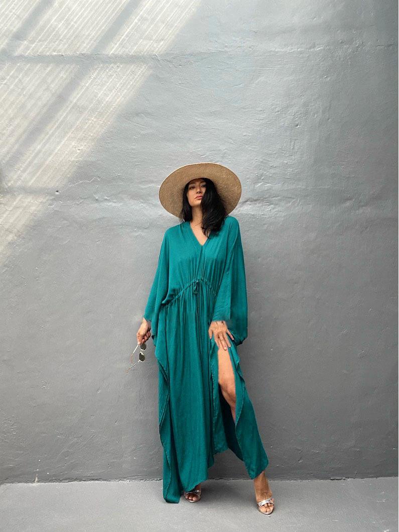 

2023 Евро-американский вискозный женский длинный сарафан большого размера с кулиской для защиты от солнца, пляжная накидка. One Size зелёный/синий