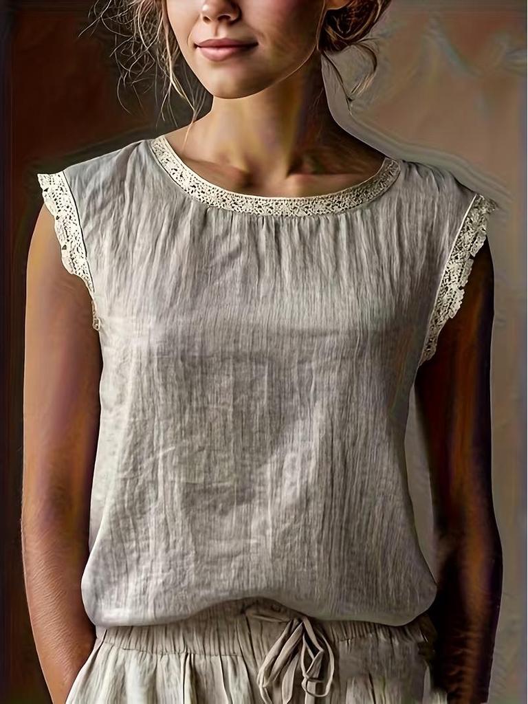 Women's European and American Style Sleeveless Lace Cotton-Linen Shirt, Spring/Summer 2026 Collection.