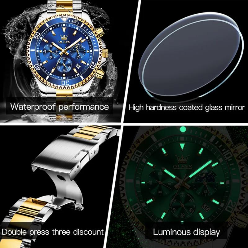 OLEVS Luxury Quartz Watch for Men Sports Waterproof Moon Phase Watches Top Brand Luxury Stainless Steel Men's Wristwatch