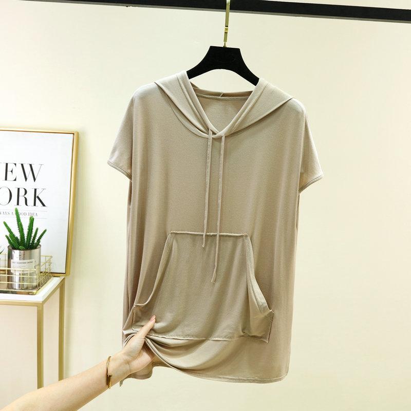 Women's Hooded Short Sleeve Tee Loose Casual Modal Knit Top Summer Daily Pocket Pullover