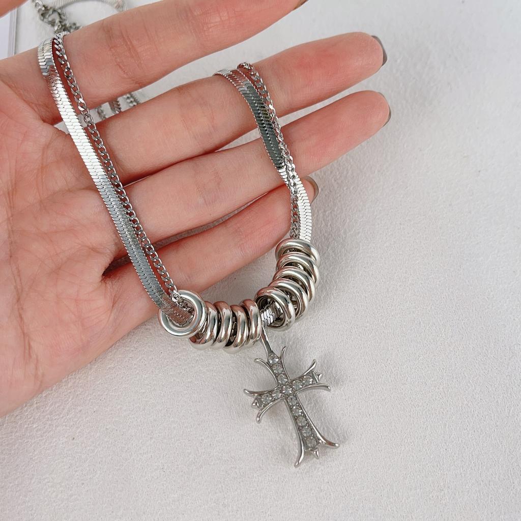 Cool hip-hop double-layer cross necklace autumn and winter new fashion design sweater chain unisex accessories
