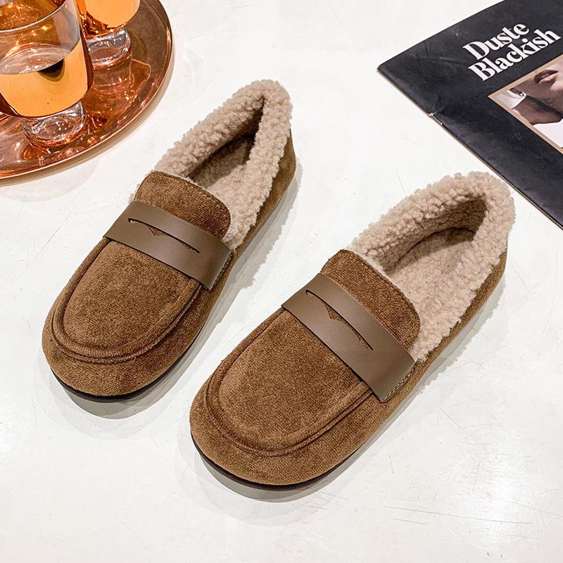 Soft-soled soft leather velvet warm small single shoes autumn and winter flat-bottomed round head simple Doudou cotton shoes