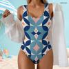 Women Plus Size Geometric Printed Scoop Neck Wide Strap One Piece High Cut Swimsuit