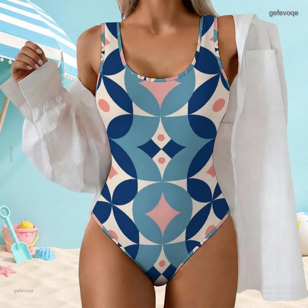 Women Plus Size Geometric Printed Scoop Neck Wide Strap One Piece High Cut Swimsuit