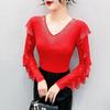Autumn Sheer Mesh T Shirts Women Crystal Embellished V-Neck Elegant Ruffles Long Sleeves