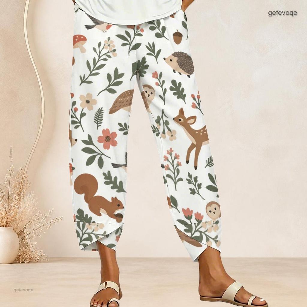 Women Plus Size Loose Fit Printed Cropped Pants Cross Hem With Pockets