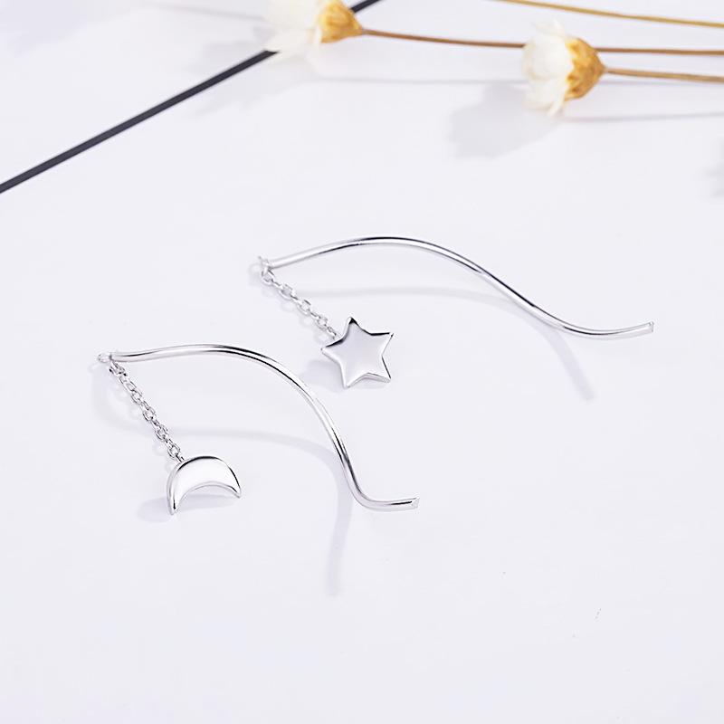 VENTFILLE 925 Sterling Silver Asymmetric Star Moon Earrings Long Tassel Feminine Temperament Korean Simple Jewelry