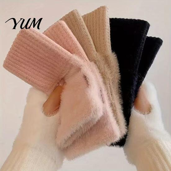 Winter Warm Fleece Lined Mittens 1 Pair Fingerless Gloves, Half Finger Mittens, for Cold Weather Soft Fuzzy Thermal Gloves Driving Writing Typing