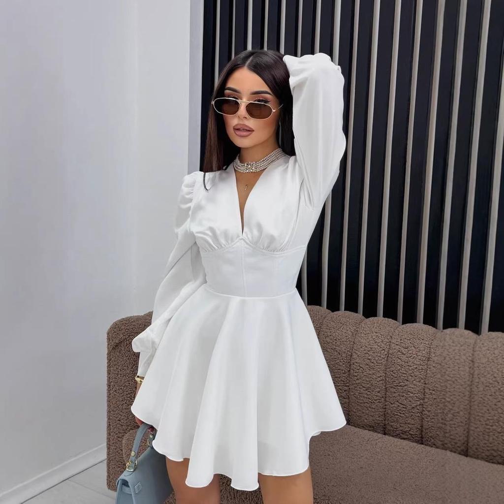 Elegant Women's Spring V-Neck Solid Color Long Sleeve Party Dress