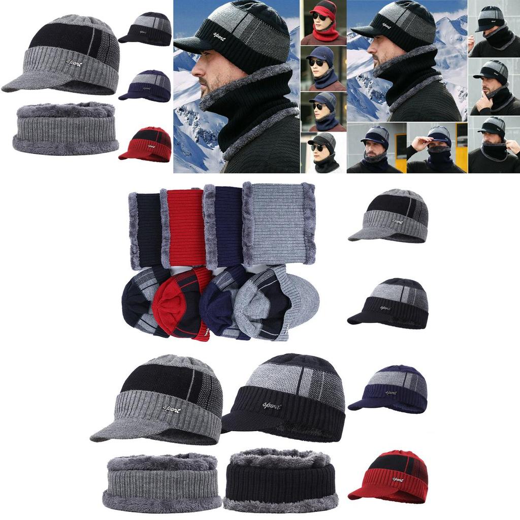 Soft Men Unisex Winter Warm Hat Knit Visor Beanie With Cozy Fleece Lining**