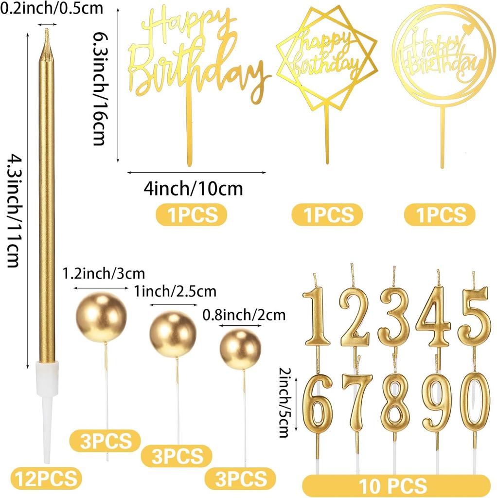 34 Pcs Birthday Candles Cake Toppers with 12 Long Thin Birthday Cake Candle 10 Numeral Birthday Candle 9 Ball Cake Toppers