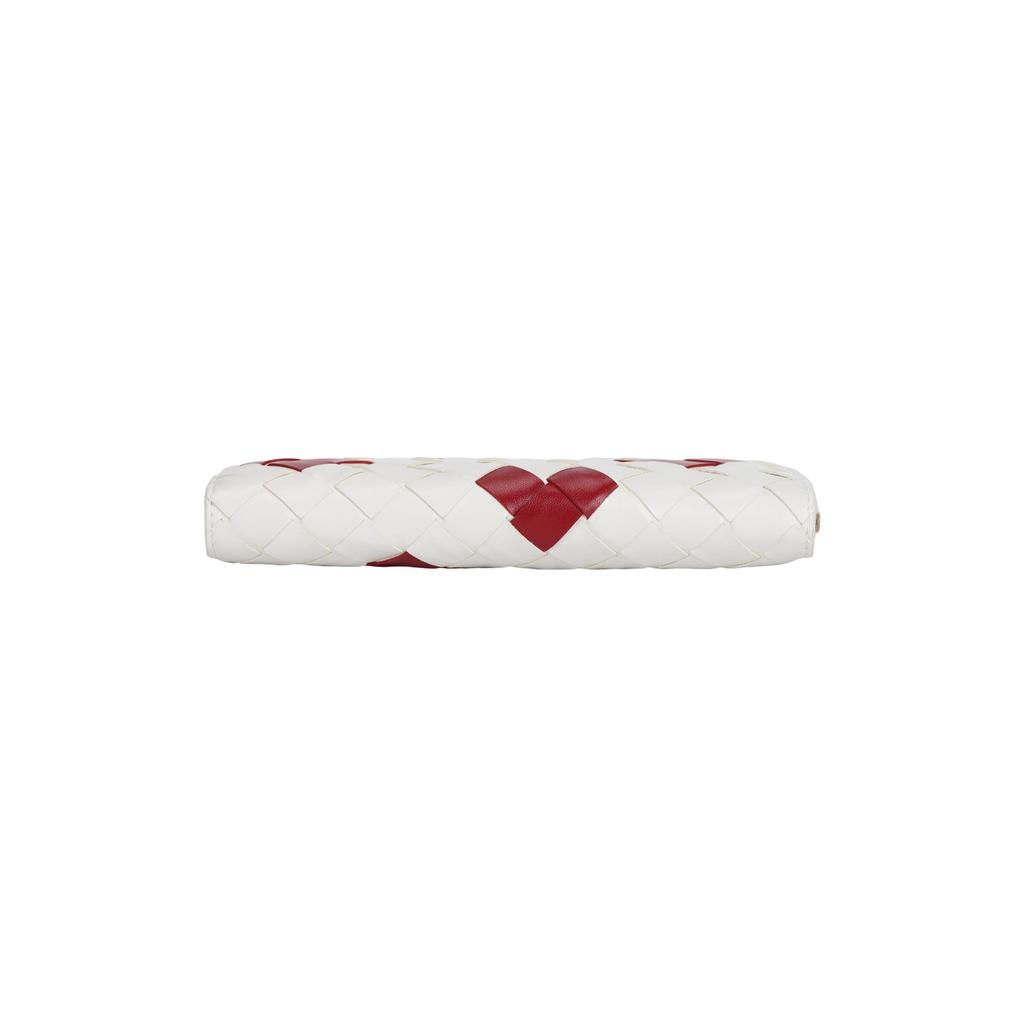 Bottega Veneta Intrecciato Woven Heart Design Zipper Around Leather Wallet Women Wallet Chalk-White Deep-Red 814674V57O39140