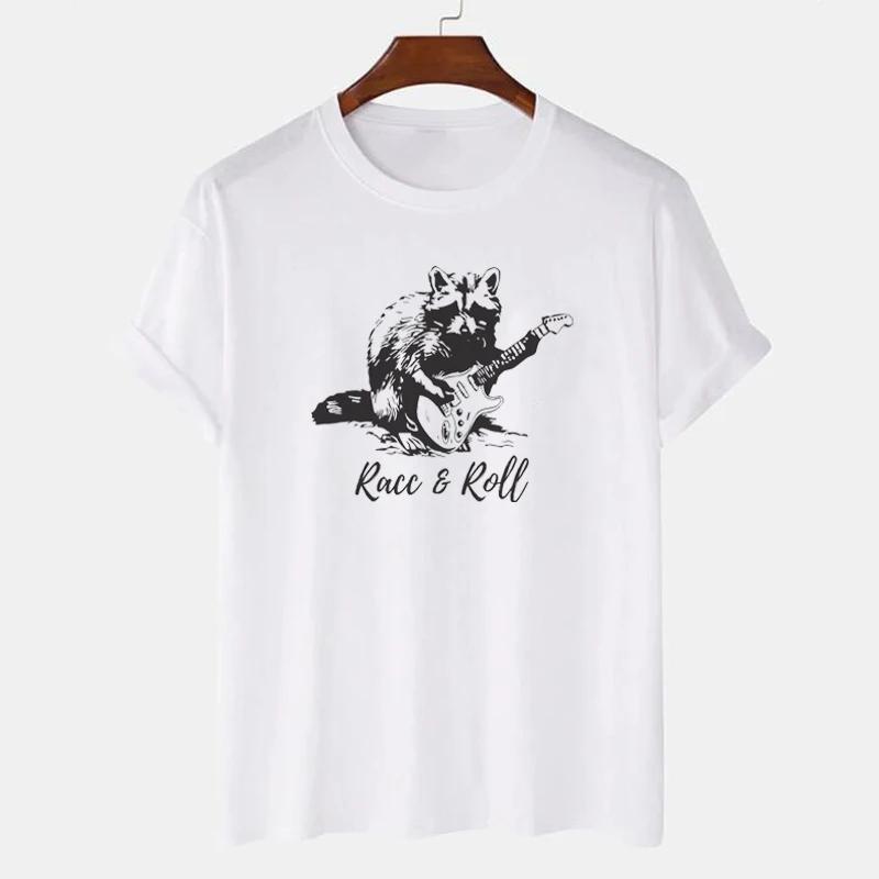 

Racc Roll Funny TShirts Women Cute Raccoon Guitar Printed Tshirts Unisex Casual Short Sleeve Humor Graphic Tees Music Shirt S